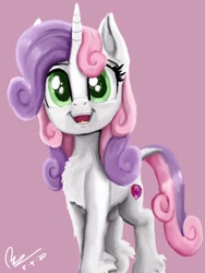 Size: 768x1024 | Tagged: safe, artist:raphaeldavid, imported from derpibooru, sweetie belle, pony, unicorn, chest fluff, cute, cutie mark, diasweetes, female, mare, pink background, signature, simple background, smiling, solo, the cmc's cutie marks, unshorn fetlocks