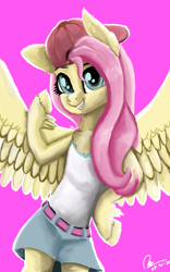 Size: 1600x2560 | Tagged: safe, artist:raphaeldavid, imported from derpibooru, fluttershy, pegasus, semi-anthro, 90s grunge fluttershy, backwards ballcap, baseball cap, cap, clothes, female, gameloft interpretation, hat, mare, pink background, signature, simple background, smiling, solo, spread wings, wings