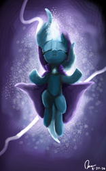 Size: 800x1280 | Tagged: safe, artist:raphaeldavid, imported from derpibooru, trixie, pony, unicorn, cape, clothes, eyes closed, female, floating, glowing horn, hat, horn, magic, mare, signature, solo, trixie's cape, trixie's hat