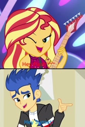 Size: 1280x1912 | Tagged: safe, artist:loladreamteam, artist:mlp-lolada, edit, edited screencap, imported from derpibooru, screencap, flash sentry, sunset shimmer, equestria girls, equestria girls series, rainbow rocks, spring breakdown, spoiler:eqg series (season 2), female, flashimmer, geode of empathy, magical geodes, male, one eye closed, open mouth, shipping, shipping domino, singing, straight, wink