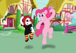 Size: 2912x2059 | Tagged: safe, artist:r0se-demon, imported from derpibooru, pinkie pie, earth pony, pony, crossover, jump rope, ponyville, ruby gloom, smiling