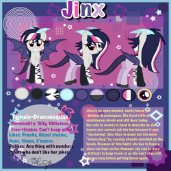 Size: 894x894 | Tagged: safe, artist:xxnovanepsxx, imported from derpibooru, oc, oc only, oc:jinx, hybrid, female, interspecies offspring, offspring, parent:discord, parent:twilight sparkle, parents:discolight, reference sheet, smiling, solo