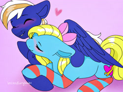 Size: 4000x3000 | Tagged: safe, artist:incendiaryboobs, artist:incendiarymoth, imported from derpibooru, oc, oc only, oc:cuteamena, oc:electric blue, earth pony, pegasus, pony, blushing, clothes, couple, cute, daaaaaaaaaaaw, electricute, facial hair, female, hug, love, male, mare, shipping, socks, stallion, striped socks, winghug