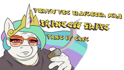 Size: 3544x2019 | Tagged: safe, artist:cocaine, imported from derpibooru, princess celestia, alicorn, anthro, pony, big time tommie, friendship lesson, graffiti, high res, meme, parody, ponified, smoking, sunglasses, text