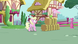 Size: 1920x1080 | Tagged: safe, imported from derpibooru, screencap, millie, the big mac question, apple, food, hay bale