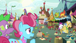 Size: 1920x1080 | Tagged: safe, imported from derpibooru, screencap, berry punch, berryshine, cup cake, goldengrape, grand pear, minuette, sir colton vines iii, spike, the big mac question, apple, food