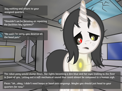 Size: 2400x1800 | Tagged: safe, artist:pizzamovies, imported from derpibooru, oc, oc only, oc:piezo, pony, robot, robot pony, offscreen character, pov, sad, solo, strange waifu simulator, visual novel