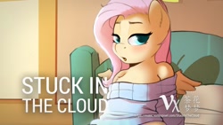 Size: 1280x720 | Tagged: safe, artist:spectre-z, edit, imported from derpibooru, fluttershy, pegasus, pony, semi-anthro, adorasexy, bed, bedroom eyes, chest fluff, clothes, cropped, cute, female, fluttershy's cottage (interior), human shoulders, indoors, lidded eyes, looking at you, mare, off shoulder, off shoulder sweater, open mouth, pillow, promo, sexy, solo, spread wings, sunlight, sweater, sweatershy, three quarter view, wings