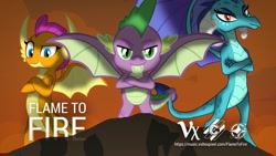 Size: 1280x720 | Tagged: safe, artist:crisostomo-ibarra, edit, imported from derpibooru, princess ember, smolder, spike, dragon, dragon trio, epic, female, male, promo, wings