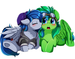 Size: 3215x2540 | Tagged: safe, artist:pridark, imported from derpibooru, oc, oc only, pegasus, pony, blue eyes, blushing, clothes, commission, duo, eyes closed, goggles, high res, hoodie, kissing, open mouth, simple background, surprise kiss, transparent background, underhoof