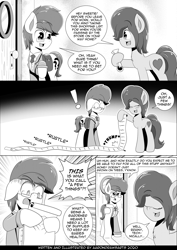 Size: 2100x2970 | Tagged: safe, artist:aarondrawsarts, imported from derpibooru, oc, oc:brain teaser, oc:rose bloom, earth pony, pony, bag, brainbloom, chest fluff, clothes, comic, dialogue, female, glasses, list, male, manga, manga style, oc x oc, saddle bag, shipping, shocked, straight, suit