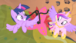 Size: 1920x1080 | Tagged: safe, imported from derpibooru, screencap, princess cadance, twilight sparkle, alicorn, pony, tatzlwurm, three's a crowd, colored wings, crown, duo, duo female, female, flying, hoof shoes, jewelry, mare, regalia, sisters-in-law, spread wings, twilight sparkle (alicorn), wings