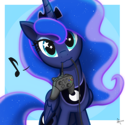 Size: 2048x2048 | Tagged: safe, artist:whitequartztheartist, imported from derpibooru, princess luna, alicorn, pony, gamer luna, blue mane, controller, cute, female, looking at you, lunabetes, mouth hold, solo, starry eyes, wingding eyes