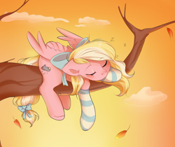 Size: 2048x1724 | Tagged: safe, artist:emberslament, artist:pledus, imported from derpibooru, oc, oc only, oc:bay breeze, pegasus, pony, bow, clothes, commission, cute, eyes closed, female, mare, pegasus oc, sleeping, socks, solo, striped socks, tail bow, tree, tree branch, wings, ych result