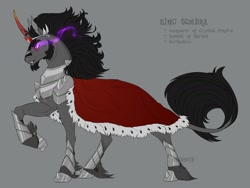 Size: 1600x1200 | Tagged: safe, artist:dementra369, imported from derpibooru, king sombra, pony, unicorn, armor, cape, clothes, colored horn, horn, leonine tail, male, solo, sombra eyes