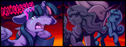 Size: 4096x1536 | Tagged: artist needed, safe, artist:banoodle, imported from derpibooru, princess cadance, princess celestia, princess luna, twilight sparkle, alicorn, pony, my little pony: the movie, /mlp/, 4chan, coomer, coomerlestia, crying, dialogue, drawthread, female, mare, open mouth, sad, speech bubble, statue, stone, sunset, twilight sparkle (alicorn), word bubble, yelling