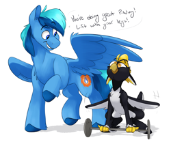 Size: 4153x3453 | Tagged: safe, artist:luximus17, imported from derpibooru, oc, oc:ping wing, oc:umami stale, bird, penguin, do you even lift, encouragement, flapping, lifting, meme, silly, straining