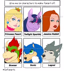 Size: 1827x2048 | Tagged: safe, artist:chocolatechipyoshi, imported from derpibooru, twilight sparkle, anthro, hedgehog, human, koopa, unicorn, wolf, six fanarts, anthro with ponies, beastars, bowser, bust, clothes, crossover, crown, female, gloves, horn, horns, jessica rabbit, jewelry, legosi (beastars), lipstick, male, mare, open mouth, princess peach, regalia, smiling, sonic the hedgehog, sonic the hedgehog (series), super mario bros., unicorn twilight, watermark, who framed roger rabbit