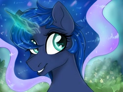 Size: 1024x768 | Tagged: safe, artist:d0shkakart0shka, imported from derpibooru, princess luna, alicorn, pony, bust, cute, female, glowing horn, horn, looking at you, lunabetes, mare, portrait, smiling, solo, three quarter view