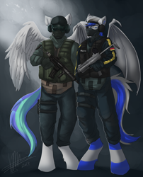 Size: 1280x1585 | Tagged: safe, artist:hoof34, imported from derpibooru, oc, oc only, oc:moonslurps(old version), oc:storm feather, anthro, bat pony, pegasus, unguligrade anthro, armor, bat pony oc, bat wings, clothes, duo, gun, helmet, male, pegasus oc, weapon, wings