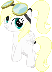 Size: 1854x2541 | Tagged: safe, artist:lightning stripe, derpibooru exclusive, imported from derpibooru, oc, oc only, oc:luftkrieg, pegasus, pony, blank flank, blonde, commission, cute, female, filly, fluttering, flying, foal, goggles, grin, ocbetes, pegasus oc, ponytail, show accurate, simple background, smiling, solo, tail wrap, teal eyes, transparent background, vector, white coat, wing flutter, wings, yellow mane