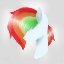 Size: 720x720 | Tagged: safe, artist:saladstarry, imported from derpibooru, oc, oc only, earth pony, pony, bust, earth pony oc, gray background, multicolored hair, rainbow hair, simple background, solo