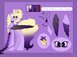 Size: 960x720 | Tagged: safe, artist:saladstarry, imported from derpibooru, oc, oc only, oc:star heart, alicorn, pony, alicorn oc, braid, choker, female, horn, looking back, mare, reference sheet, solo, two toned wings, wings