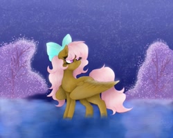 Size: 799x637 | Tagged: safe, artist:saladstarry, imported from derpibooru, oc, oc only, pegasus, pony, bow, hair bow, looking back, night, outdoors, pegasus oc, solo, stars, tree, water, wings