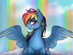 Size: 1280x970 | Tagged: safe, artist:d0shkakart0shka, imported from derpibooru, rainbow dash, pegasus, pony, cloud, female, looking at you, mare, on a cloud, profile, rainbow waterfall, sitting, sitting on a cloud, solo, spread wings, wings