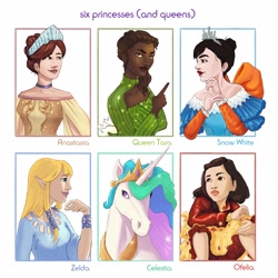 Size: 1902x1902 | Tagged: safe, artist:sarahhedgesart, imported from derpibooru, princess celestia, alicorn, human, hylian, pony, six fanarts, anastasia, anastasia nikolaevna romanova, bust, clothes, crossover, dark skin, don bluth, elf ears, epic (2013), epic (movie), female, hoers, mare, ofelia, pan's labyrinth, princess zelda, sitting, snow white, the legend of zelda, the legend of zelda: skyward sword