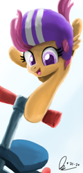 Size: 1080x2250 | Tagged: safe, artist:raphaeldavid, imported from derpibooru, scootaloo, pegasus, pony, female, filly, helmet, hoof hold, mid-air, midair, open mouth, open smile, perspective, scooter, scooting, smiling, solo