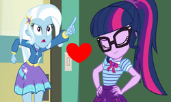 Size: 1798x1078 | Tagged: safe, edit, edited screencap, imported from derpibooru, screencap, sci-twi, trixie, twilight sparkle, equestria girls, equestria girls series, forgotten friendship, holidays unwrapped, spoiler:eqg series (season 2), cute, eyes closed, female, geode of telekinesis, lesbian, love, magical geodes, pointing, sci-twixie, shipping, shipping domino, the cider louse fools, twiabetes, twixie