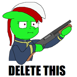 Size: 400x400 | Tagged: safe, artist:busterbuizel, imported from derpibooru, oc, oc:wandering sunrise, earth pony, pony, fallout equestria, fallout equestria: dead tree, :i, clothes, crossing the memes, delet this, eyestrain warning, fallout, gun, i mean i see, jumpsuit, meme, shotgun, vault suit, weapon