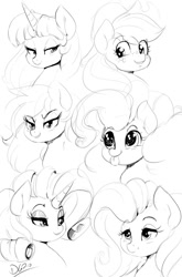 Size: 791x1200 | Tagged: safe, artist:thelunarmoon, imported from derpibooru, applejack, fluttershy, pinkie pie, rainbow dash, rarity, twilight sparkle, earth pony, pegasus, pony, unicorn, bust, cute, female, grayscale, group shot, heart eyes, lidded eyes, mane six, mare, monochrome, portrait, sketch, smiling, three quarter view, tongue out, wingding eyes