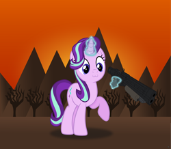 Size: 4832x4220 | Tagged: safe, artist:anime-equestria, imported from derpibooru, starlight glimmer, pony, unicorn, :3, does this look like the face of mercy, doom, face of mercy, female, gun, horn, levitation, magic, mare, mountain, shotgun, show accurate, smiling, solo, telekinesis, tree, weapon