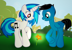 Size: 8544x6008 | Tagged: safe, artist:agkandphotomaker2000, imported from derpibooru, dj pon-3, vinyl scratch, oc, oc:pony video maker, pegasus, pony, unicorn, admiration, building, bush, canon x oc, female, flower, grass, male, ponyville, raised hoof, shipping, show accurate, straight, stumbling upon, tree, videoscratch