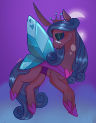 Size: 500x645 | Tagged: safe, artist:kingakiuwu, idw, imported from derpibooru, queen chrysalis, changeling, changeling queen, reflections, spoiler:comic, crescent moon, crown, eyes closed, female, jewelry, mirror universe, moon, profile, regalia, reversalis, solo