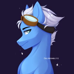 Size: 1334x1334 | Tagged: safe, artist:colirosablitz, imported from derpibooru, oc, oc only, oc:winter roll, earth pony, pony, blue background, blue body, blue coat, blue eyes, foal, goggles, high res, looking back, male, simple background, solo, stallion, white hair