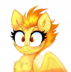 Size: 2305x2329 | Tagged: safe, artist:confetticakez, imported from derpibooru, spitfire, pegasus, pony, blushing, cheek fluff, chest fluff, colored pupils, cute, cutefire, ear fluff, embarrassed, female, fluffy, frown, mare, simple background, sitting, solo, spread wings, white background, wide eyes, wing fluff, wings