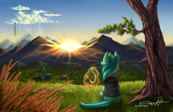 Size: 5100x3300 | Tagged: safe, artist:supermoix, imported from derpibooru, lyra heartstrings, pony, unicorn, fanfic:background pony, clothes, cloudsdale, dig the swell hoodie, face not visible, female, food, grass, hoodie, levitation, magic, mare, morning, mountain, ponyville, rainbow waterfall, rear view, scenery, scenery porn, sitting, solo, sun, telekinesis, tree, twilight's castle, wheat