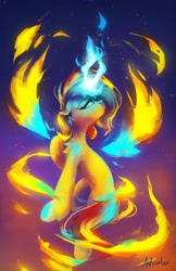 Size: 2650x4096 | Tagged: safe, artist:anticular, imported from derpibooru, sunset shimmer, pony, unicorn, abstract background, female, floating, magic, mare, solo