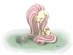 Size: 4000x3000 | Tagged: safe, artist:catscratchpaper, imported from derpibooru, fluttershy, pegasus, pony, crying, eyes closed, female, floppy ears, folded wings, gravestone, mare, mourning, sad, sitting, solo, teary eyes, wings