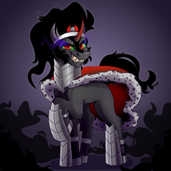 Size: 4000x4000 | Tagged: safe, artist:witchtaunter, imported from derpibooru, king sombra, pony, unicorn, absurd resolution, armor, cape, clothes, commission, commissioner:reversalmushroom, fangs, gradient background, male, raised leg, smiling, solo, sombra eyes, stallion