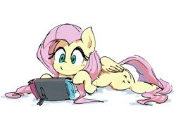 Size: 1600x1200 | Tagged: safe, artist:fuyugi, artist:nendo, imported from derpibooru, fluttershy, pegasus, pony, colored, colored sketch, console, cute, female, gaming, lying down, mare, nintendo, nintendo switch, no catchlights, shyabetes, simple background, solo, white background