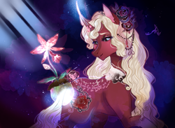 Size: 787x577 | Tagged: safe, artist:bunnari, imported from derpibooru, oc, oc only, oc:blood rosabella, pony, unicorn, female, flower, flower in hair, horn, mare, offspring, parent:fluttershy, parent:king sombra, parents:sombrashy, solo, unicorn oc