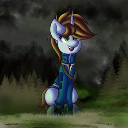 Size: 4096x4096 | Tagged: safe, artist:kranonetwork, imported from derpibooru, oc, oc only, oc:littlepip, pony, unicorn, fallout equestria, clothes, cloud, cute, field, fog, forest, jumpsuit, outdoors, sitting, solo, stable 2, stable-tec, vault suit