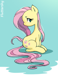 Size: 1200x1600 | Tagged: safe, artist:fuyugi, artist:nendo, imported from derpibooru, fluttershy, pony, cute, female, head turn, looking at you, mare, profile, shyabetes, sitting, solo, turned head, wingless