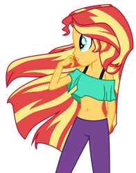 Size: 1024x1304 | Tagged: safe, artist:danmakuman, artist:emeraldblast63, imported from derpibooru, sunset shimmer, equestria girls, belly button, bra, bra strap, breasts, cleavage, clothes, cute, female, midriff, profile, shimmerbetes, short shirt, simple background, solo, sports bra, strap, trace, transparent background, underwear, wind, windswept hair