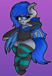 Size: 815x1180 | Tagged: safe, artist:retro_hearts, imported from derpibooru, oc, oc only, oc:aquamarine midnights, bat pony, pony, bat wings, clothes, female, gradient background, hoodie, looking at you, mare, socks, solo, striped socks