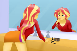 Size: 2489x1660 | Tagged: safe, artist:a-strange-cloud, imported from derpibooru, sunset shimmer, equestria girls, adorasexy, ass, bedroom eyes, bend over, bent over, bunset shimmer, butt, clothes, commissioner:branagain, cute, female, fetish, fetish butt, lipstick, makeup, mirror, reflection, sexy, shirt, sink, skirt, spread legs, spreading, tyłek
